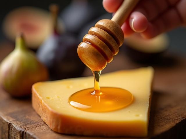 Close-up shot of a hand gently drizzling golden honey from a wooden dipper onto a piece of artisanal cheese, with fresh fruit in the background.