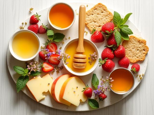 An artfully arranged honey tasting platter featuring small bowls of various honeys, fresh berries, sliced apples, artisan crackers, and delicate edible flowers.