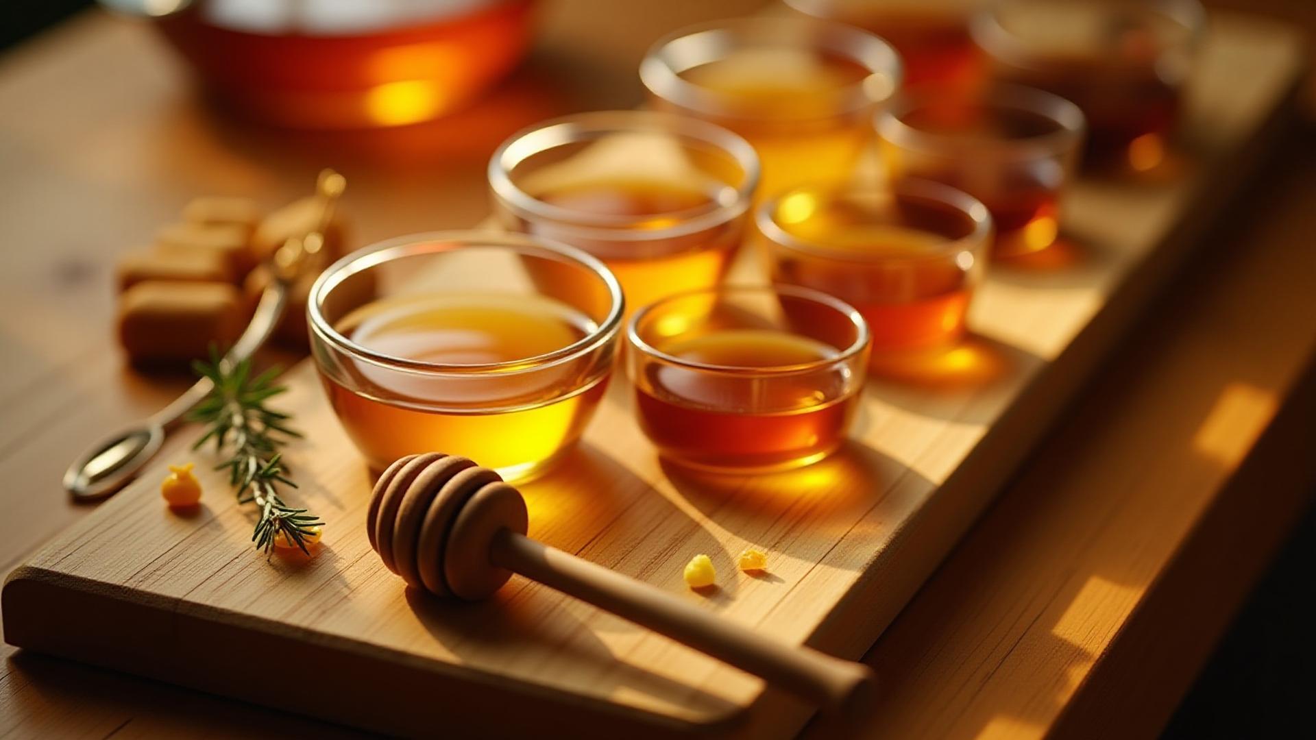 A beautifully styled honey tasting flight with small bowls of golden honey, a honey dipper, a flavor wheel, and delicate tasting spoons, all against a warm, inviting background.
