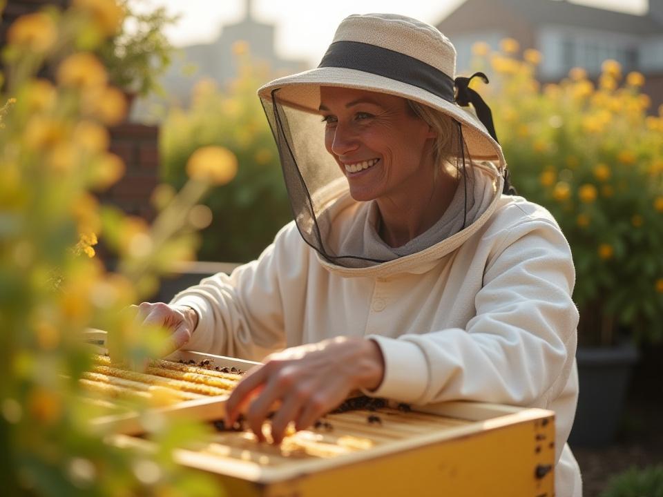 Deborah Diana Daugherty tending to a beehive in an urban garden setting