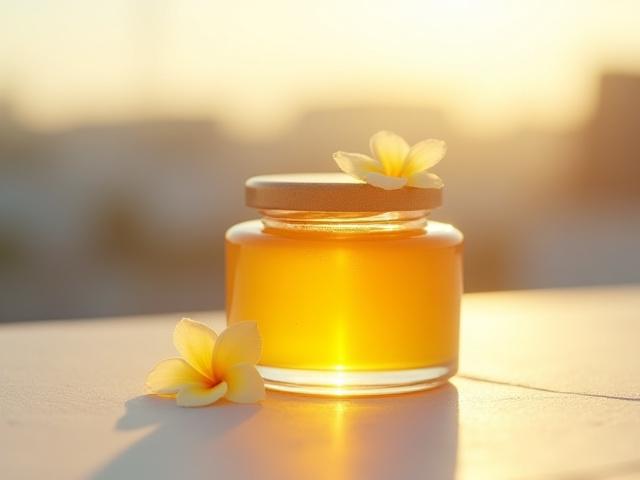 Small jar of Golden Rooftop Honey on a subtle urban background