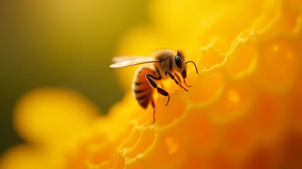 Close-up of a healthy bee on natural honeycomb, soft focus