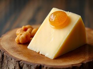 A close-up of a rustic cheeseboard featuring various cheeses, dried fruits, and a piece of honeycomb.