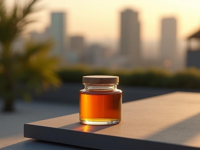 Close-up of a jar of Limited Edition Rooftop Honey, showcasing its deep amber color and natural texture.
