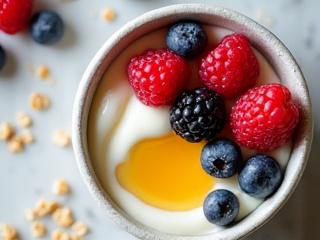 A bowl of creamy yogurt topped with fresh berries and a drizzle of golden raw honey.
