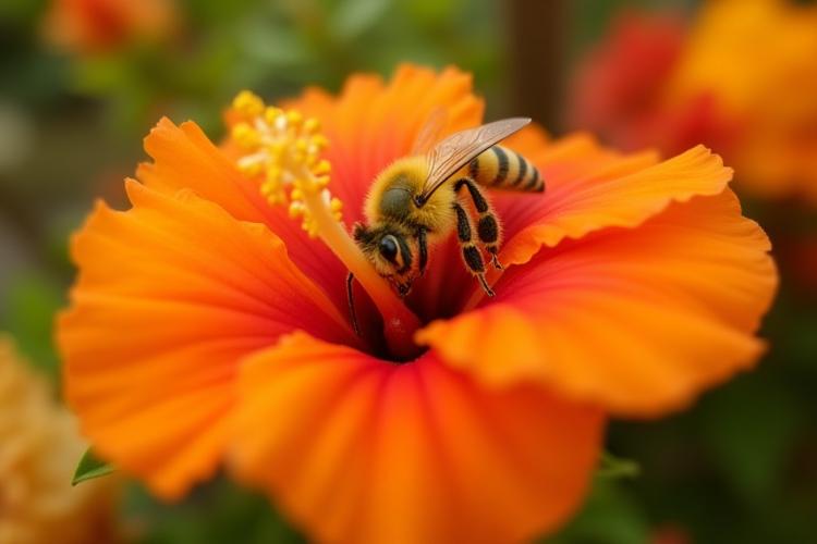 Vibrant, healthy bee on a colorful flower in a Saint Petersburg city garden
