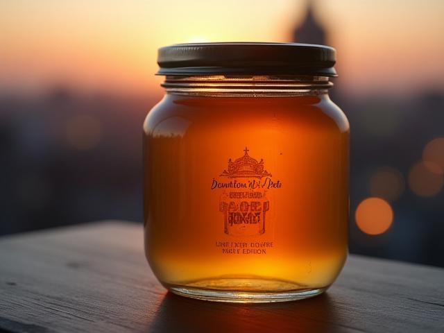 Limited Edition Downtown St. Pete Rooftop Honey jar with a city background