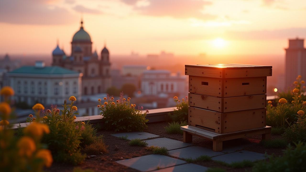Beehive on a Saint Petersburg rooftop at sunset with city lights