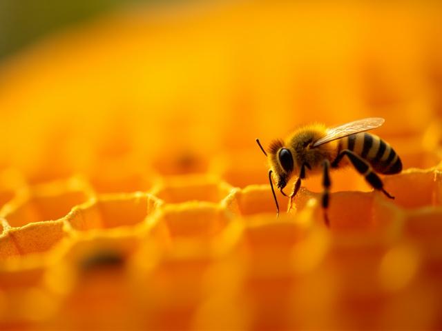 Glistening full frame of raw honeycomb, with bees working on a portion.