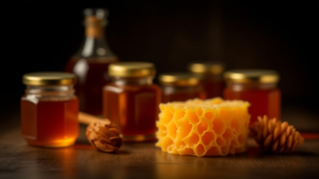 Artfully styled collection of specialty honey jars and a block of golden honeycomb, dark and moody lighting.