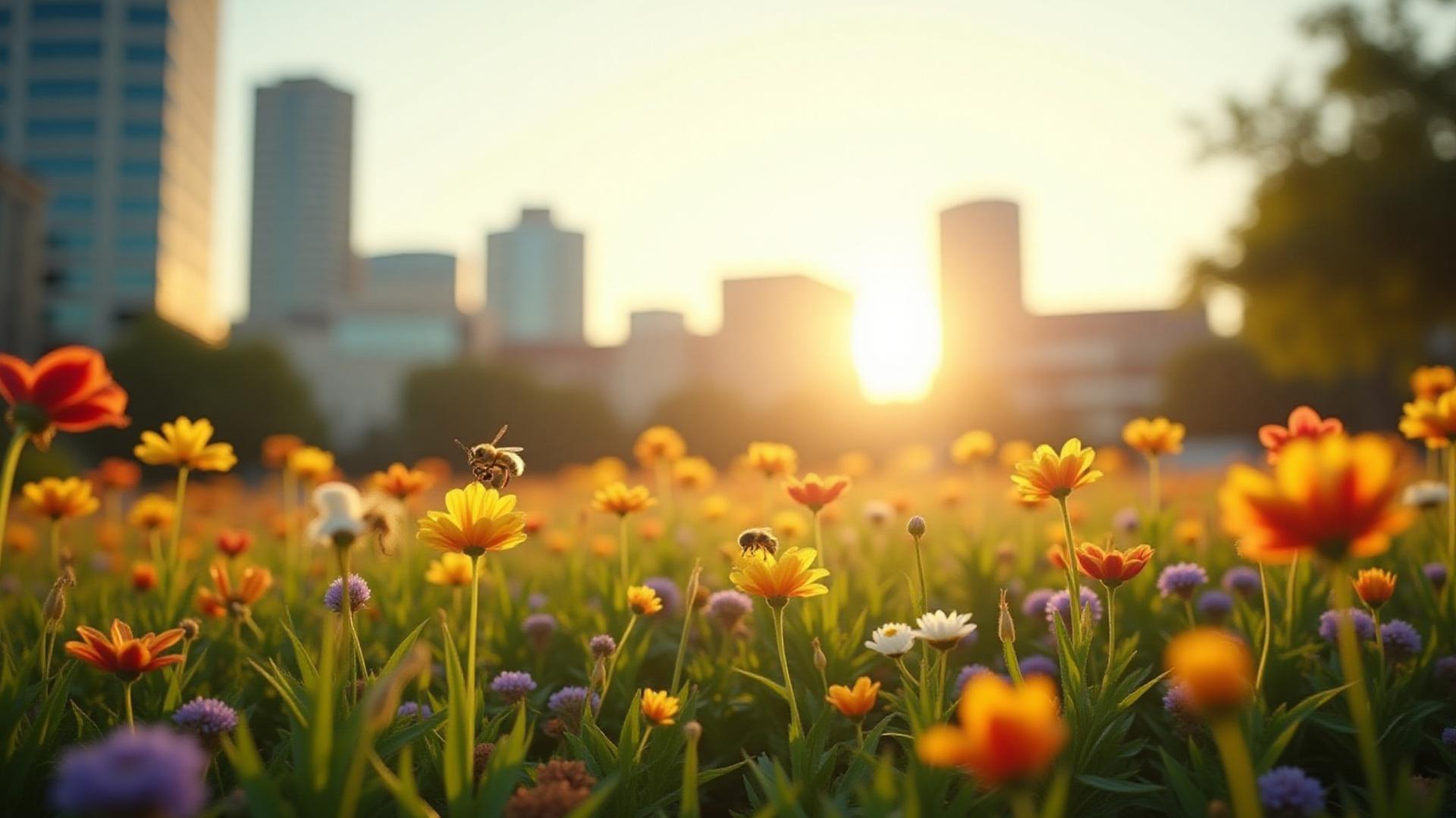 Panoramic view of the Saint Petersburg skyline embracing lush urban green spaces with subtle hexagonal patterns overlayed, suggesting a healthy, thriving ecosystem supported by bees.