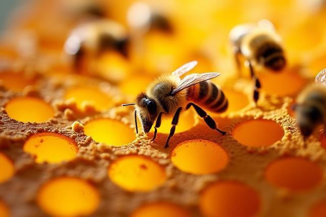 Close-up of a wooden beehive frame covered in busy bees, with visible honey cells and developing brood, showing a thriving colony.