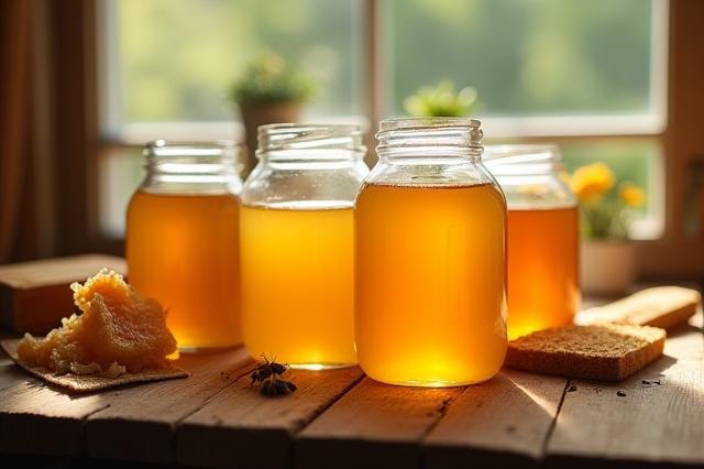 Several jars of freshly harvested, golden raw honey placed carefully next to a beehive, symbolizing the sweet reward of urban beekeeping.