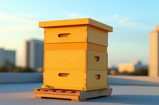 A healthy beehive thriving on a commercial rooftop with the Saint Petersburg skyline visible in the background, showcasing urban beekeeping.